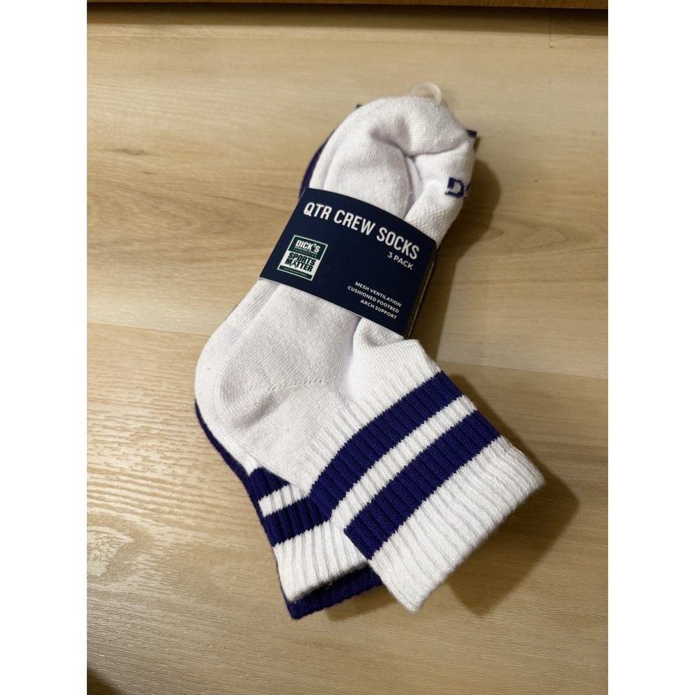 Men's DSG Medium QTR Crew Athletic Socks 3-Pack White Purple Quarter Crew NEW